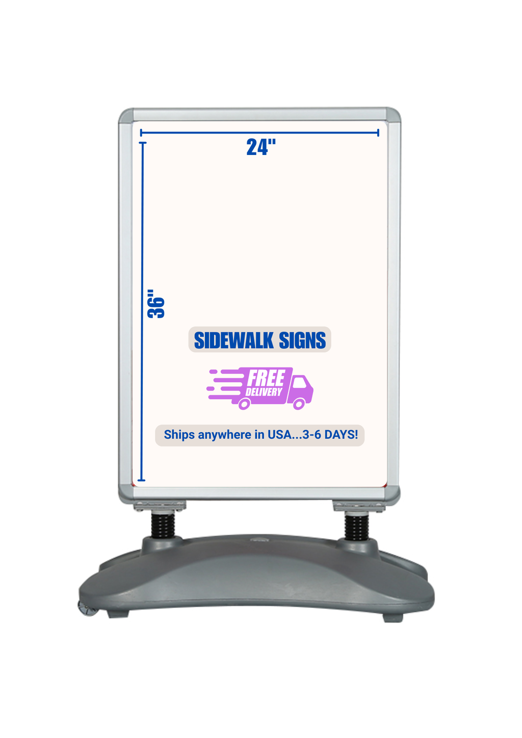 Weather & Wind Resistant Sidewalk Sign Double-sided Snap Aluminum frame for Poster 24” × 36” Water-filled Base & Wheels.