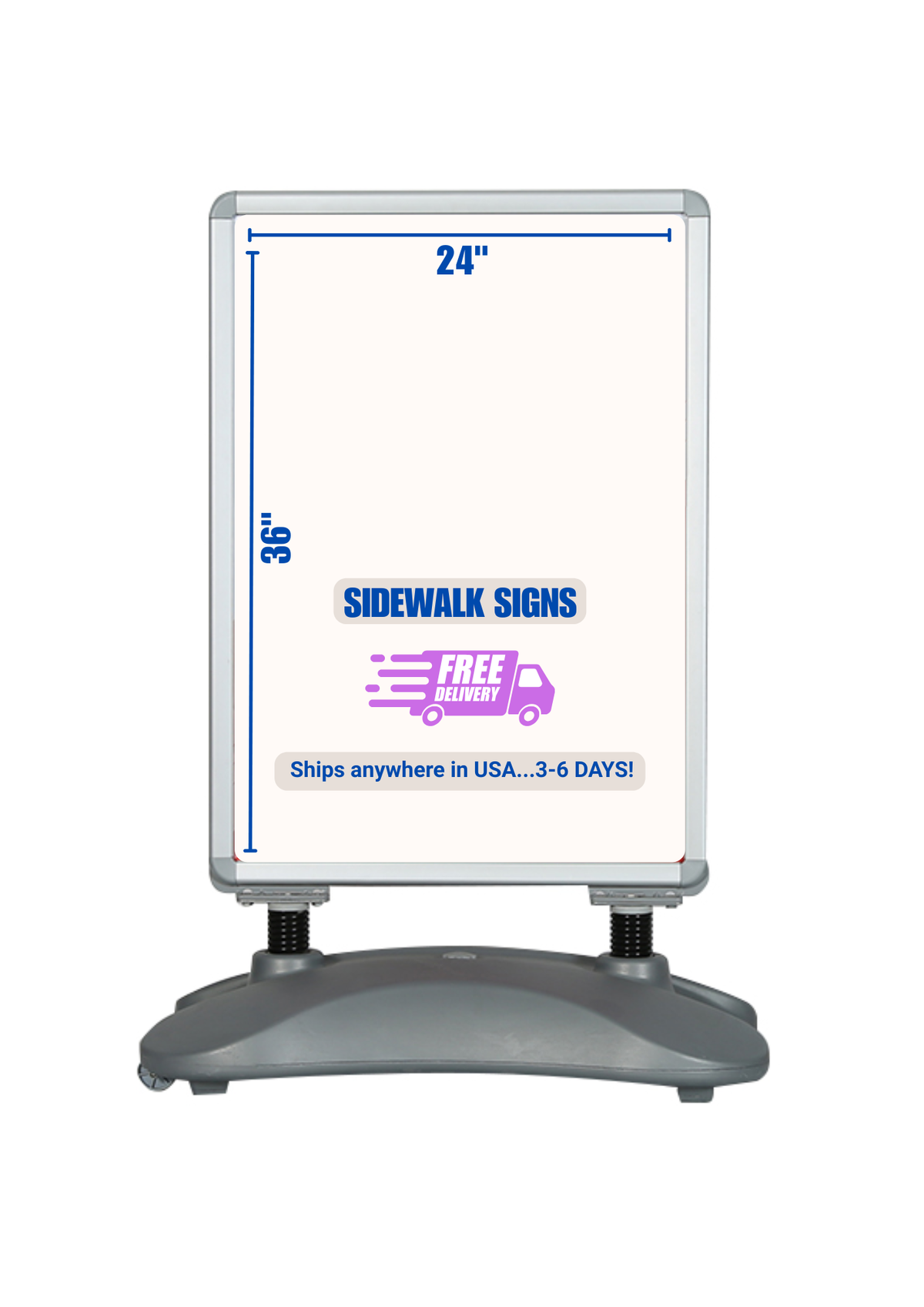 Weather & Wind Resistant Sidewalk Sign Double-sided Snap Aluminum frame for Poster 24” × 36” Water-filled Base & Wheels.