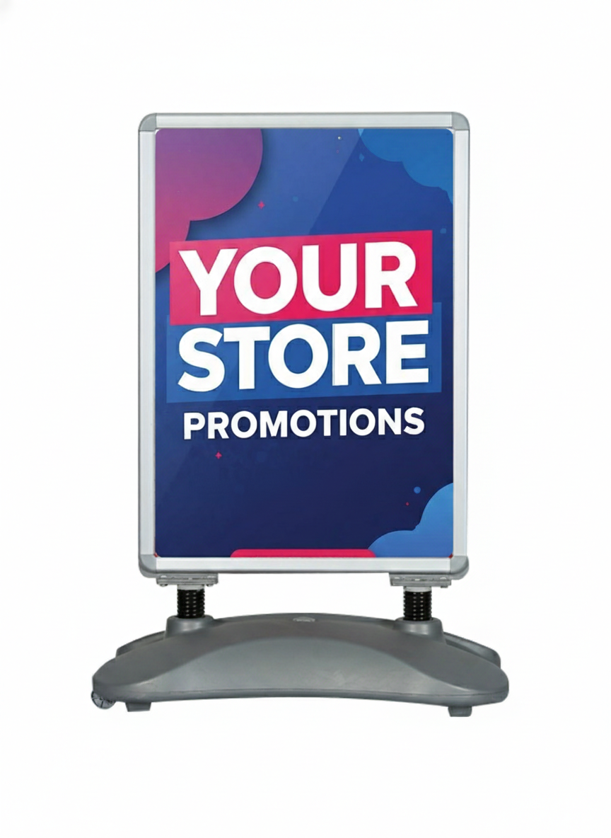Weather & Wind Resistant Sidewalk Sign Double-sided Snap Aluminum frame for Poster 24” × 36” Water-filled Base & Wheels.