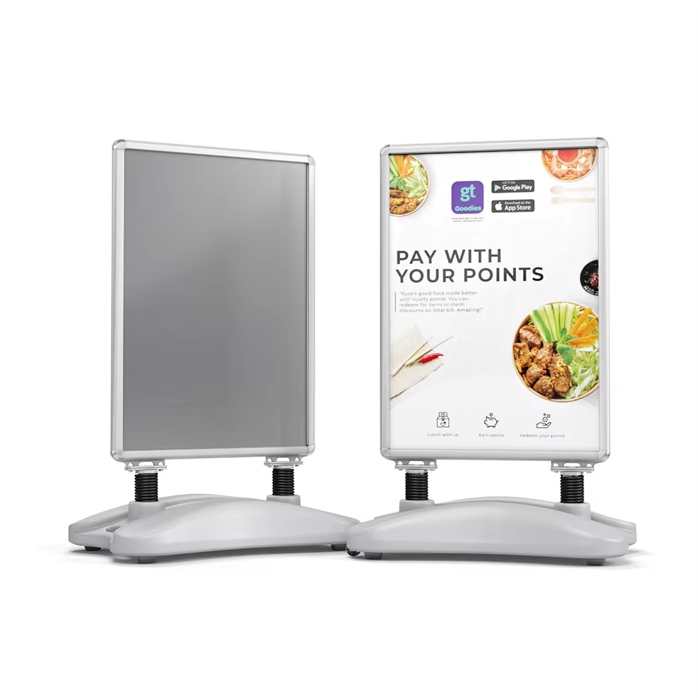 Weather & Wind Resistant Sidewalk Sign Double-sided Snap Aluminum frame for Poster 24” × 36” Water-filled Base & Wheels.
