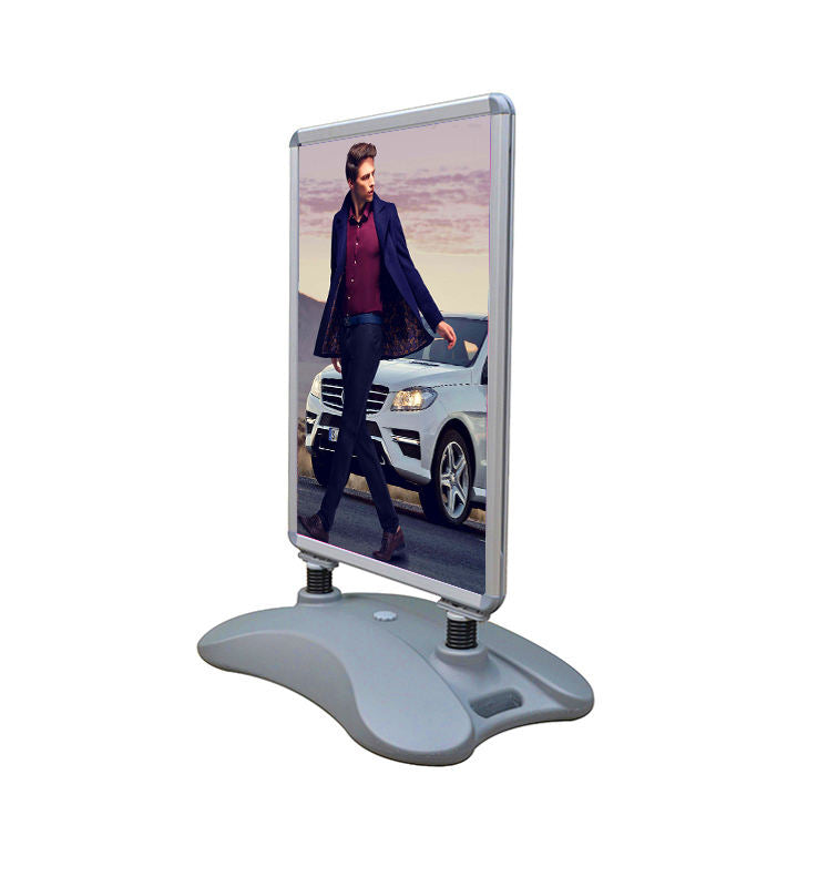 Weather & Wind Resistant Sidewalk Sign Double-sided Snap Aluminum frame for Poster 24” × 36” Water-filled Base & Wheels.